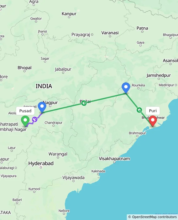 Route map showing distance and travel time from Pusad, India to Puri, India