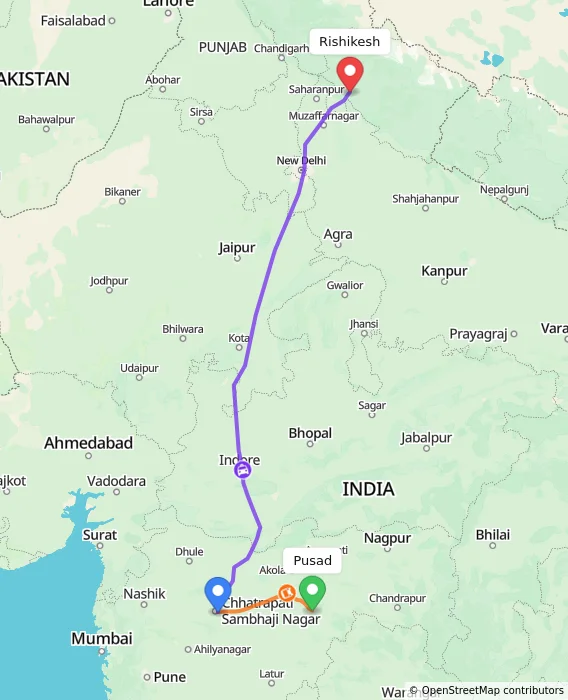 Route map showing distance and travel time from Pusad, India to Rishikesh, India