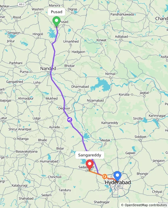 Route map showing distance and travel time from Pusad, India to Sangareddy, India