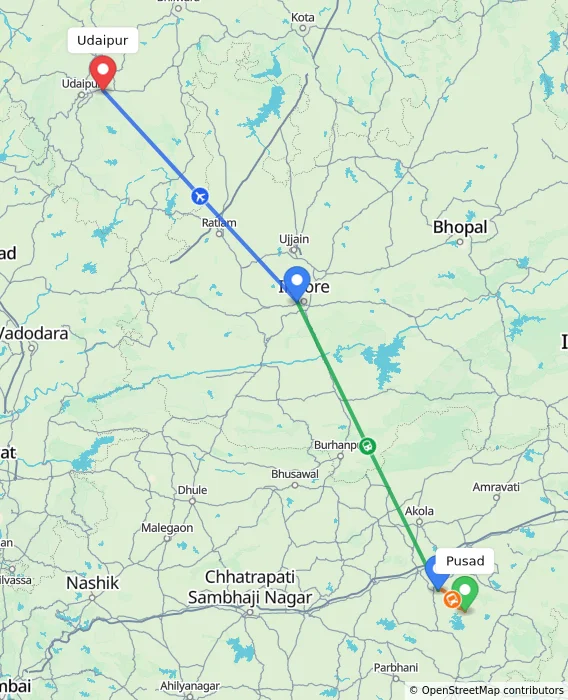 Route map showing distance and travel time from Pusad, India to Udaipur, India