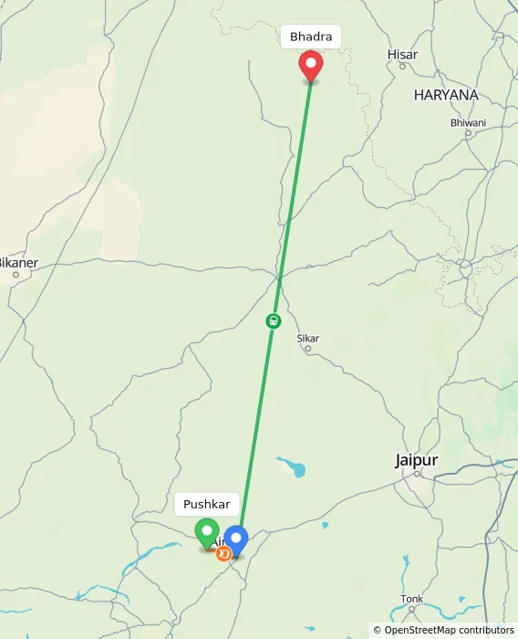 Route map showing distance and travel time from Pushkar, India to Bhadra, India