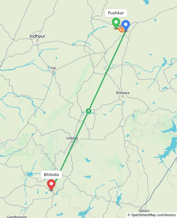 Route map showing distance and travel time from Pushkar, India to Bhiloda, India