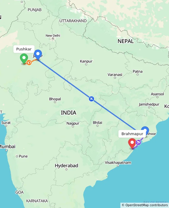Route map showing distance and travel time from Pushkar, India to Brahmapur, India