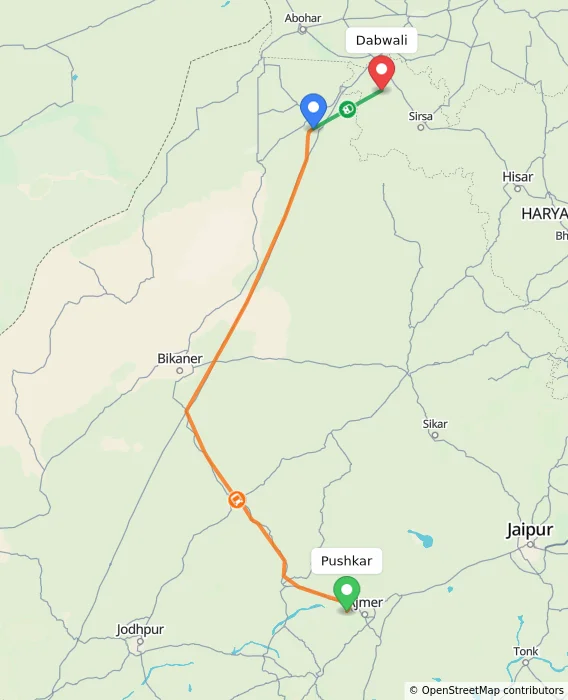 Route map showing distance and travel time from Pushkar, India to Dabwali, India