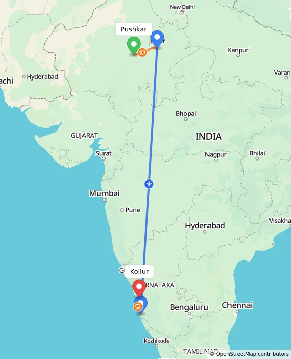 Route map showing distance and travel time from Pushkar, India to Kollur, India