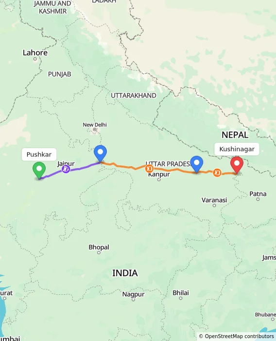 Route map showing distance and travel time from Pushkar, India to Kushinagar, India
