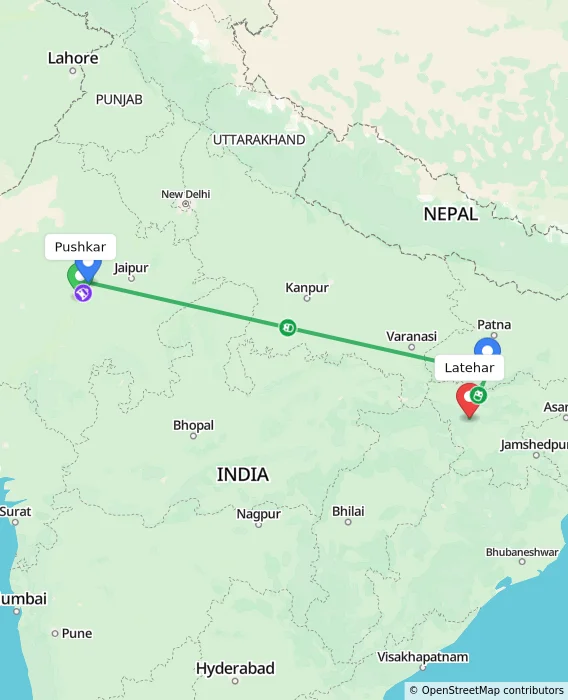 Route map showing distance and travel time from Pushkar, India to Latehar, India