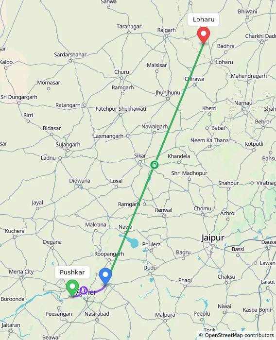 Route map showing distance and travel time from Pushkar, India to Loharu, India