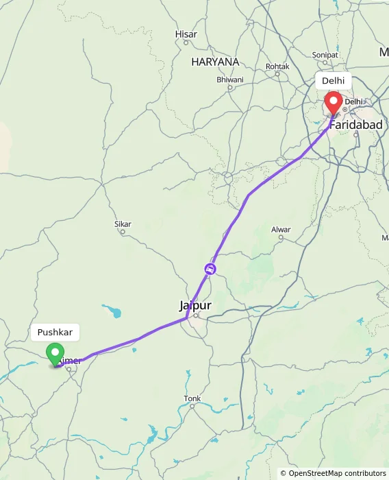 Route map showing distance and travel time from Pushkar, India to Delhi, India