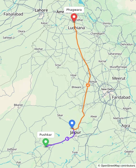 Route map showing distance and travel time from Pushkar, India to Phagwara, India