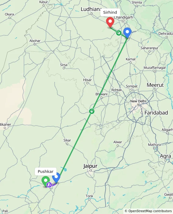 Route map showing distance and travel time from Pushkar, India to Sirhind, India