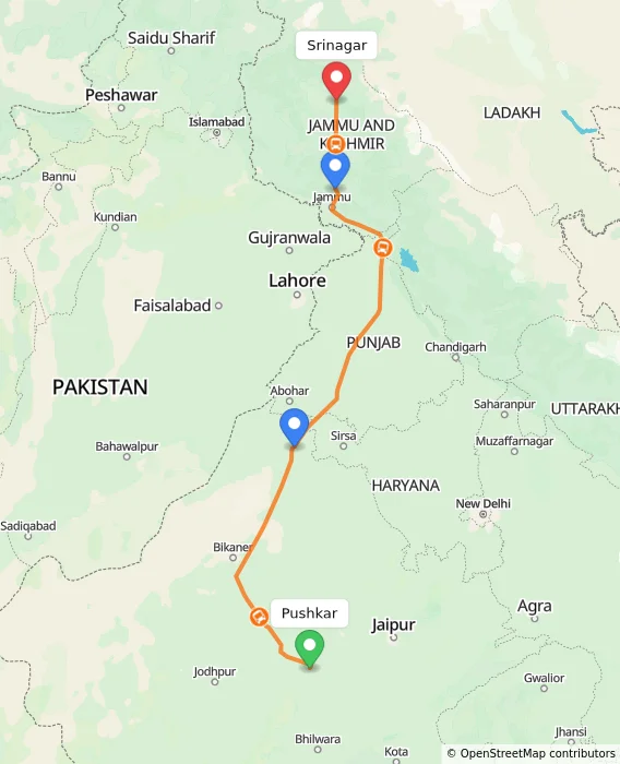 Route map showing distance and travel time from Pushkar, India to Srinagar, India