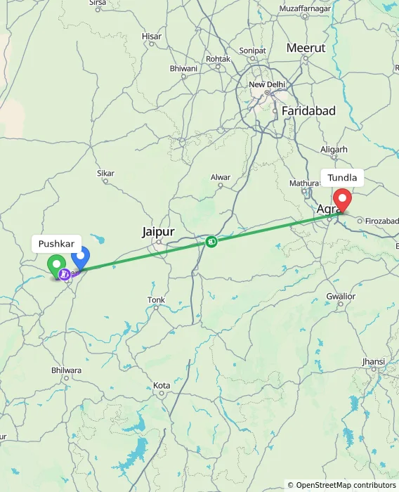 Route map showing distance and travel time from Pushkar, India to Tundla, India