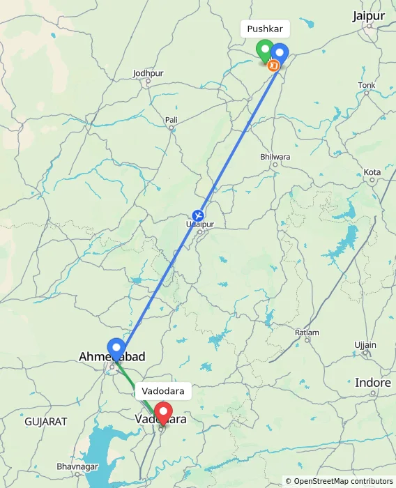 Route map showing distance and travel time from Pushkar, India to Vadodara, India