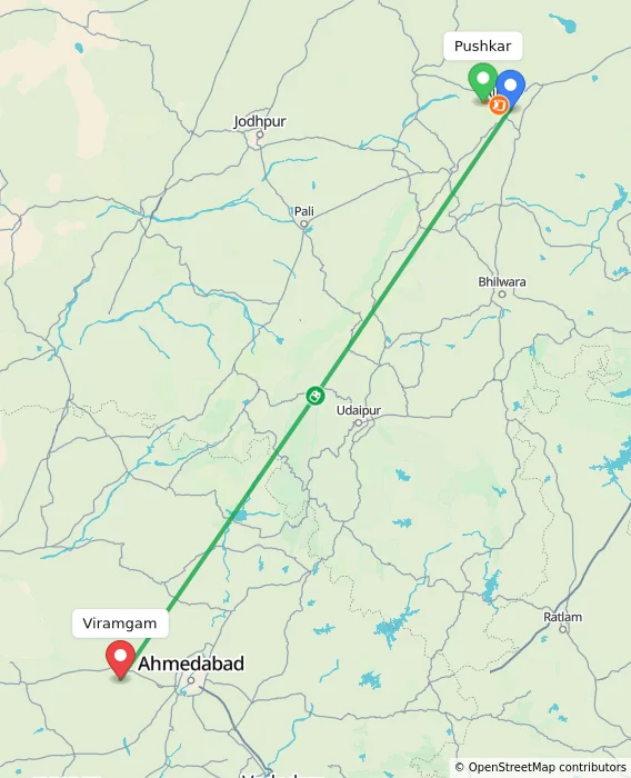 Route map showing distance and travel time from Pushkar, India to Viramgam, India