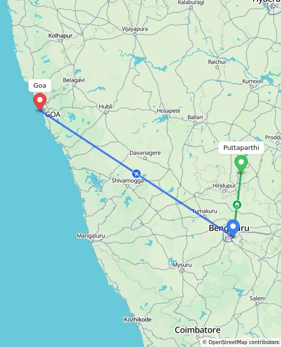 Route map showing distance and travel time from Puttaparthi, India to Goa, India