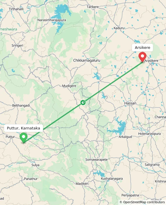 Route map showing distance and travel time from Puttur, Karnataka, India to Arsikere, India