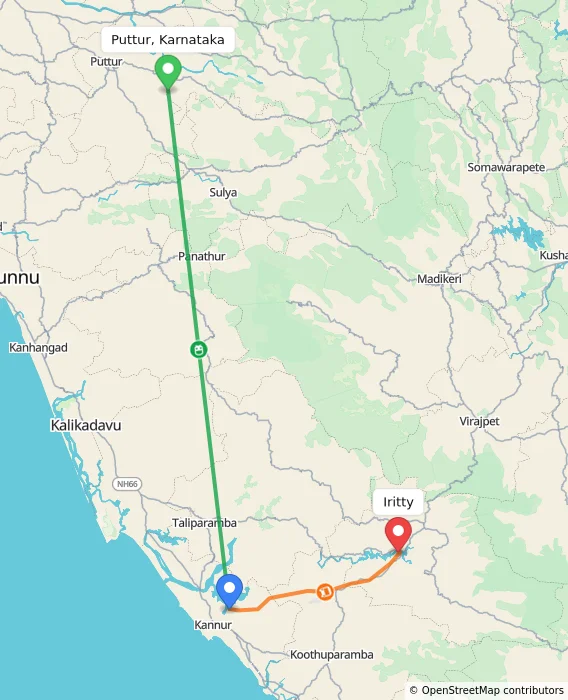 Route map showing distance and travel time from Puttur, Karnataka, India to Iritty, India
