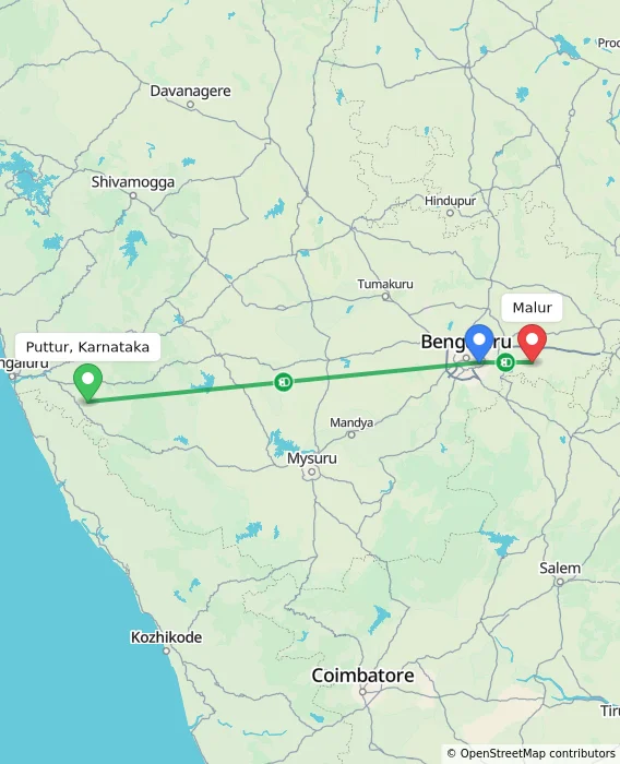 Route map showing distance and travel time from Puttur, Karnataka, India to Malur, India