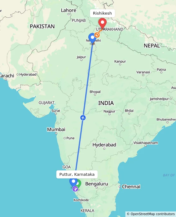Route map showing distance and travel time from Puttur, Karnataka, India to Rishikesh, India