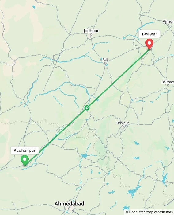 Route map showing distance and travel time from Radhanpur, India to Beawar, India