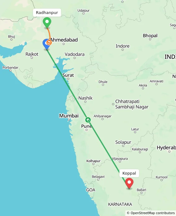 Route map showing distance and travel time from Radhanpur, India to Koppal, India