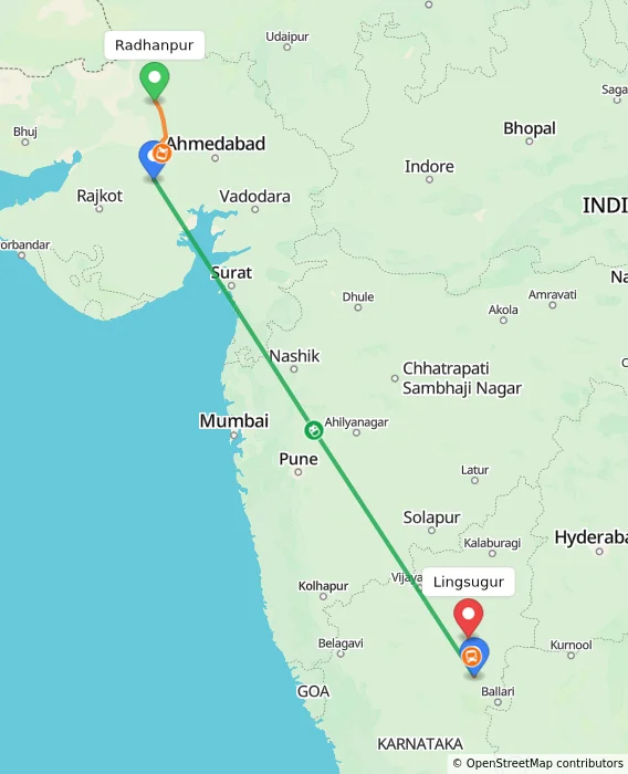 Route map showing distance and travel time from Radhanpur, India to Lingsugur, India