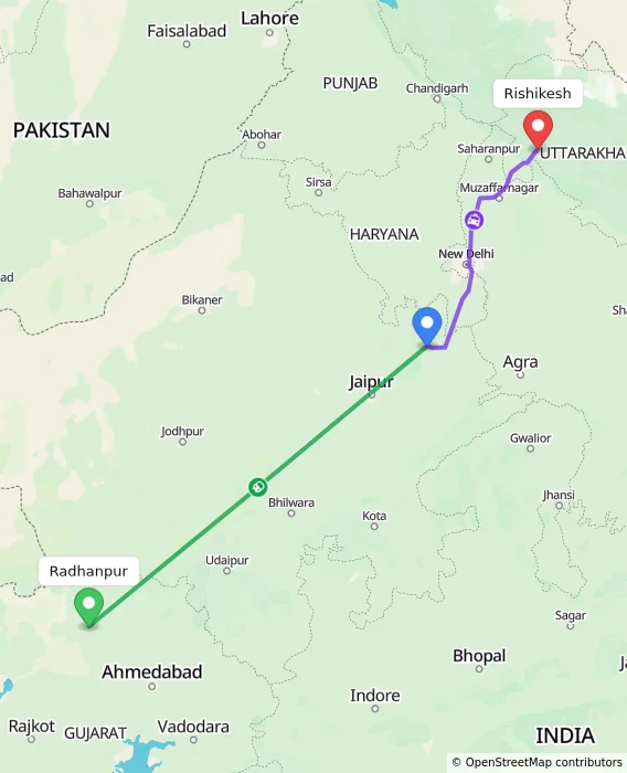 Route map showing distance and travel time from Radhanpur, India to Rishikesh, India