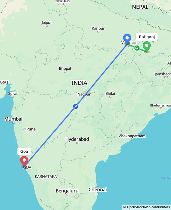 Route map showing distance and travel time from Rafiganj, India to Goa, India