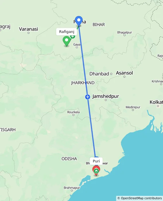 Route map showing distance and travel time from Rafiganj, India to Puri, India