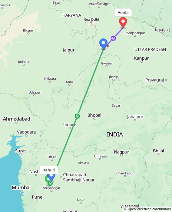 Route map showing distance and travel time from Rahuri, India to Aonla, India