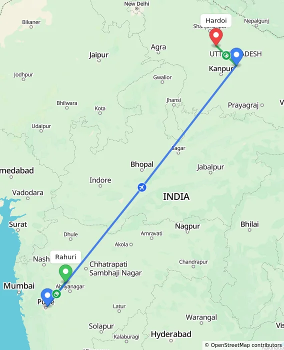 Route map showing distance and travel time from Rahuri, India to Hardoi, India
