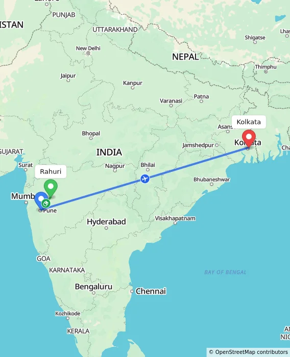 Route map showing distance and travel time from Rahuri, India to Kolkata, India