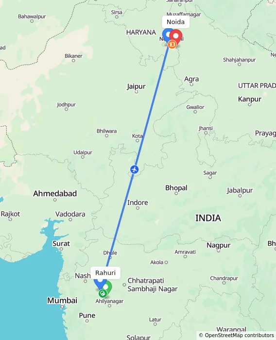 Route map showing distance and travel time from Rahuri, India to Noida, India