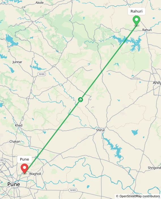 Route map showing distance and travel time from Rahuri, India to Pune, India