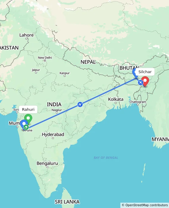 Route map showing distance and travel time from Rahuri, India to Silchar, India