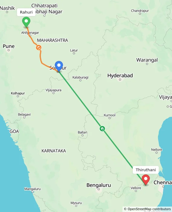 Route map showing distance and travel time from Rahuri, India to Thiruthani, India