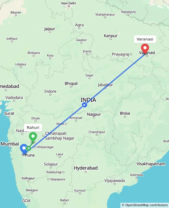 Route map showing distance and travel time from Rahuri, India to Varanasi, India