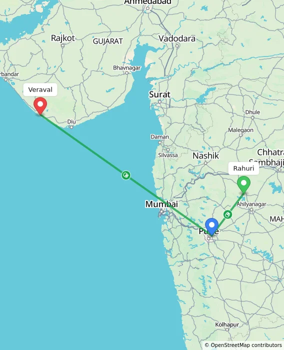 Route map showing distance and travel time from Rahuri, India to Veraval, India