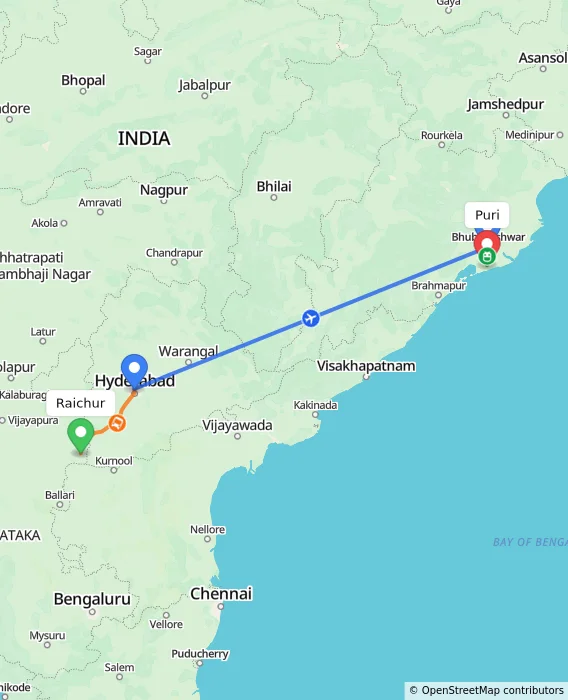 Route map showing distance and travel time from Raichur, India to Puri, India