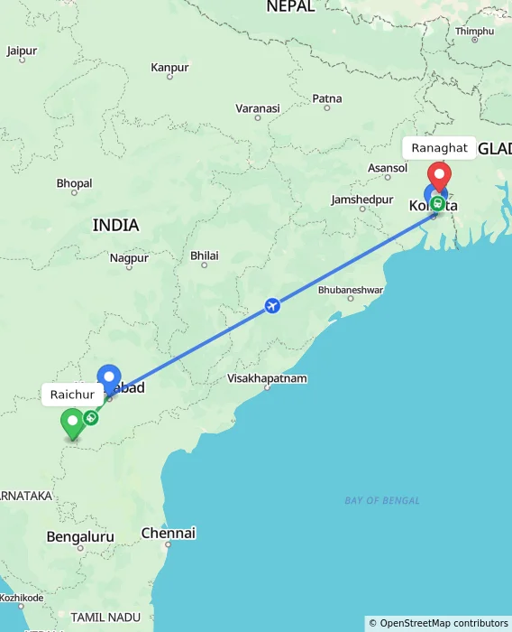 Route map showing distance and travel time from Raichur, India to Ranaghat, India