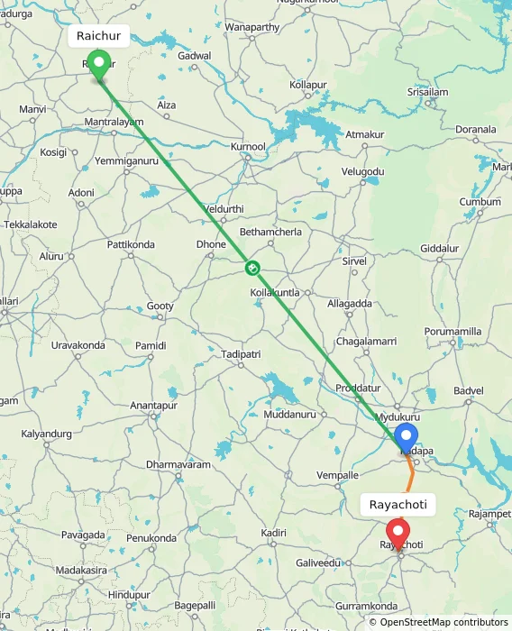 Route map showing distance and travel time from Raichur, India to Rayachoti, India