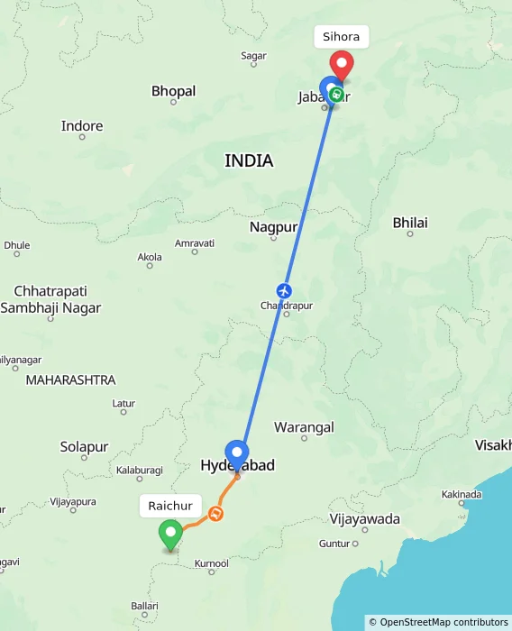 Route map showing distance and travel time from Raichur, India to Sihora, India