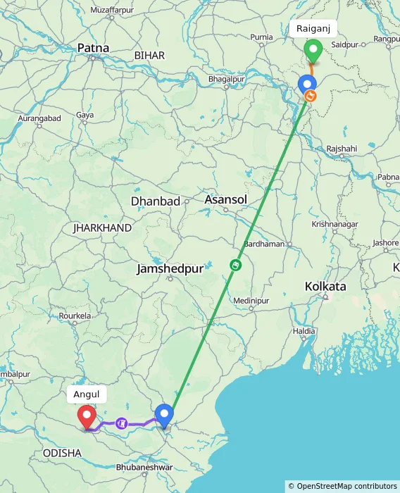 Route map showing distance and travel time from Raiganj, India to Angul, India