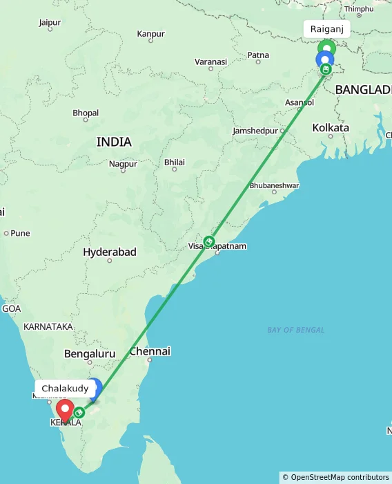 Route map showing distance and travel time from Raiganj, India to Chalakudy, India