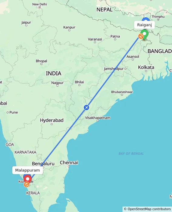 Route map showing distance and travel time from Raiganj, India to Malappuram, India
