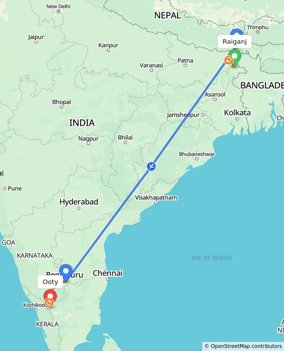 Route map showing distance and travel time from Raiganj, India to Ooty, India