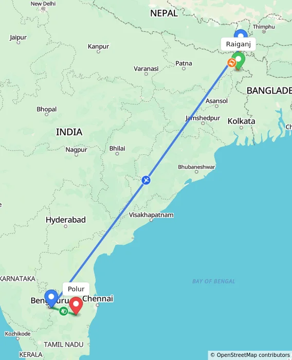 Route map showing distance and travel time from Raiganj, India to Polur, India