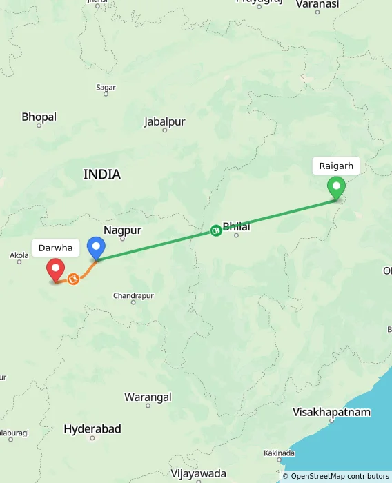 Route map showing distance and travel time from Raigarh, India to Darwha, India