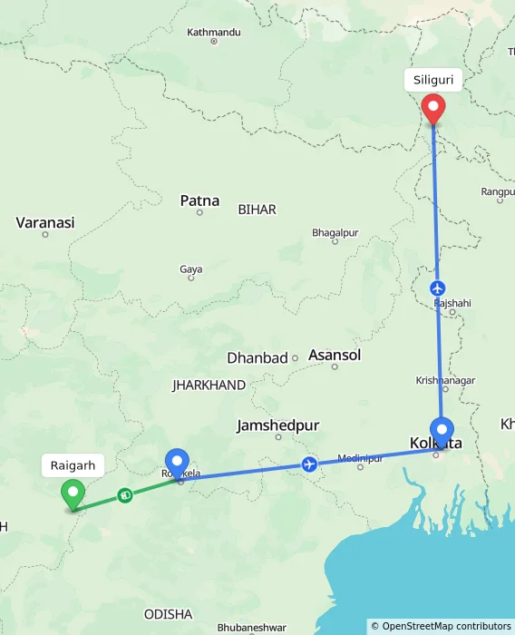 Route map showing distance and travel time from Raigarh, India to Siliguri, India